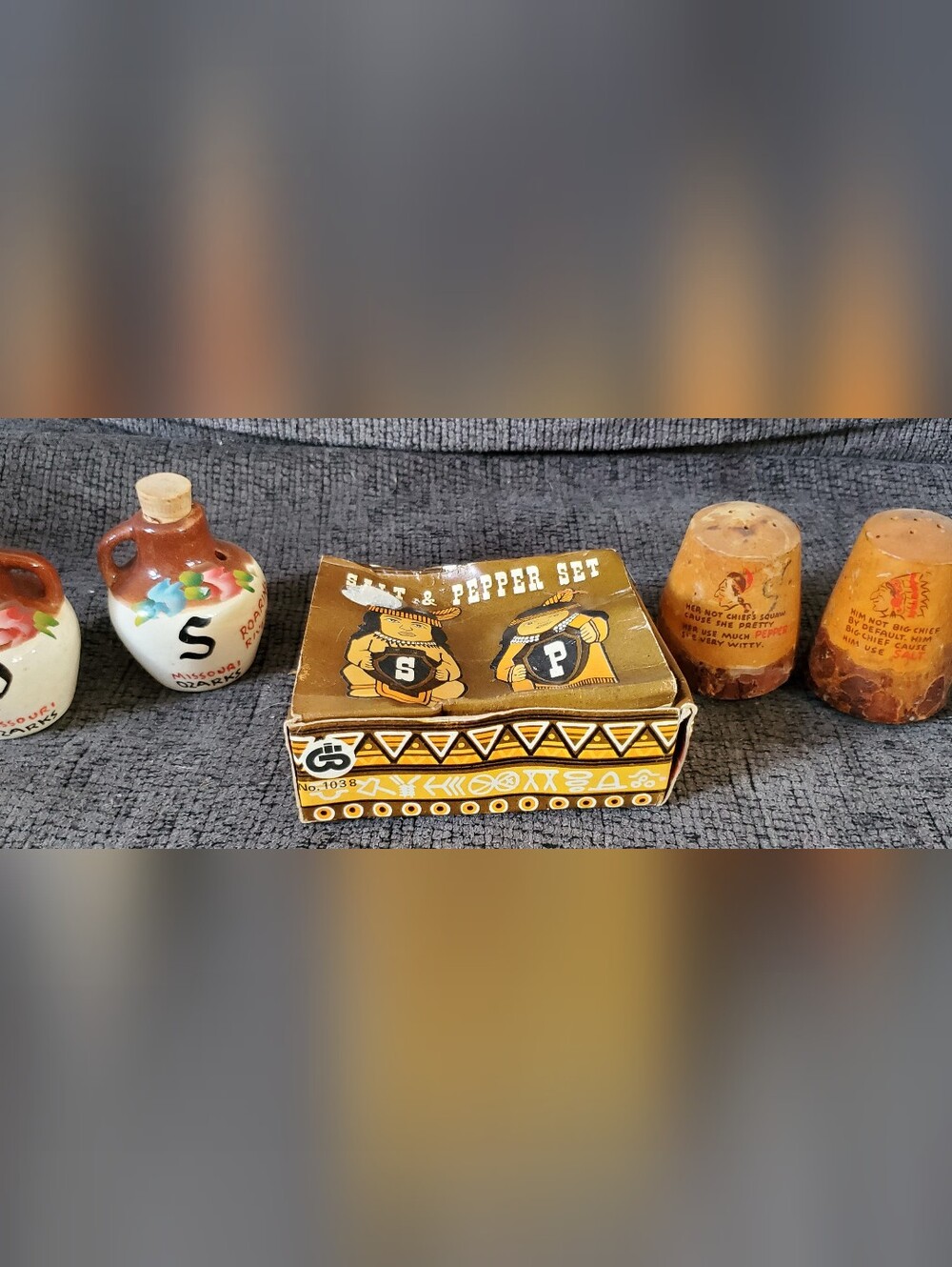 Vintage Salt and Pepper Shakers Lot 3 Sets Ozarks Jugs Stump Glass Box Set